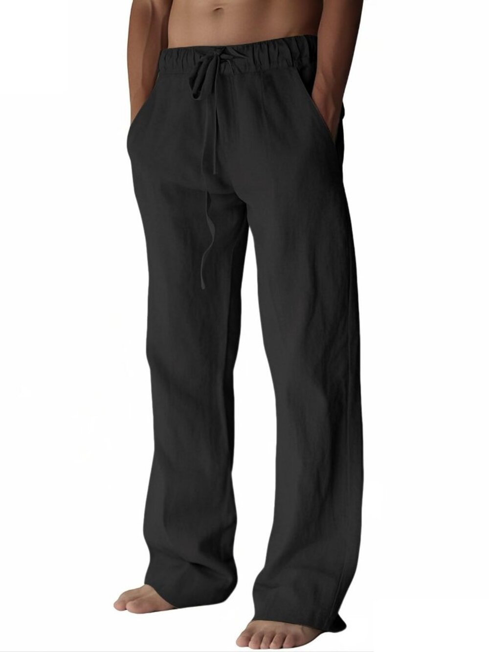 Mens Cotton Blend Pants Loose Fit Drawstring Beach Pants with Pockets Black